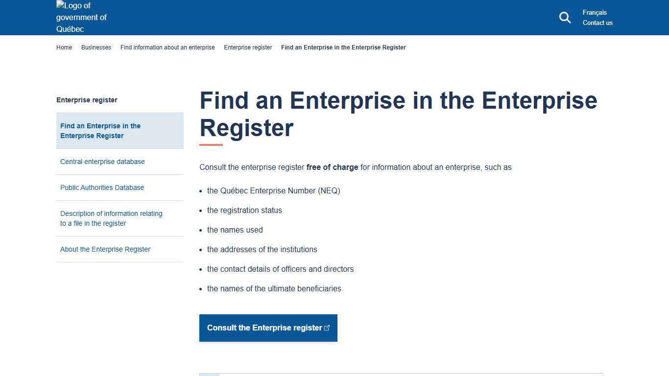 Find an Enterprise in the Enterprise Register Gouvernement du Québec